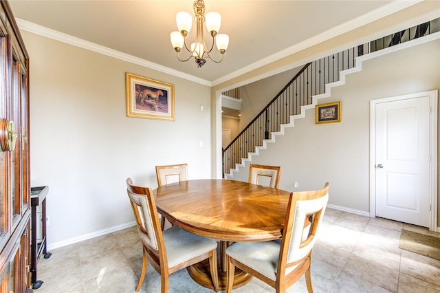 dining room featuring crown molding, light tile patterned floors, and a notable chandelier