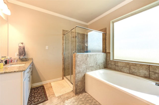 bathroom featuring vanity, separate shower and tub, a wealth of natural light, and ornamental molding