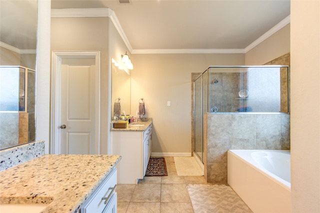 bathroom with tile patterned floors, vanity, crown molding, and plus walk in shower