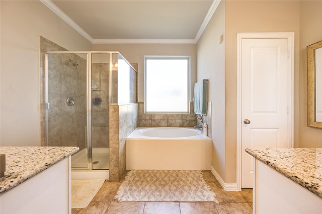 bathroom with plus walk in shower, tile patterned flooring, vanity, and ornamental molding