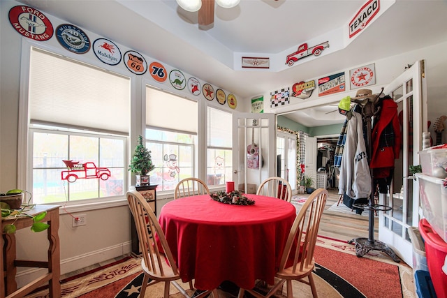 dining space featuring ceiling fan and wood-type flooring