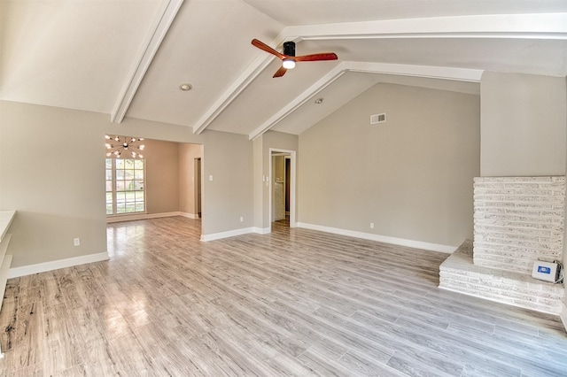 unfurnished living room with vaulted ceiling with beams, ceiling fan, and light hardwood / wood-style floors