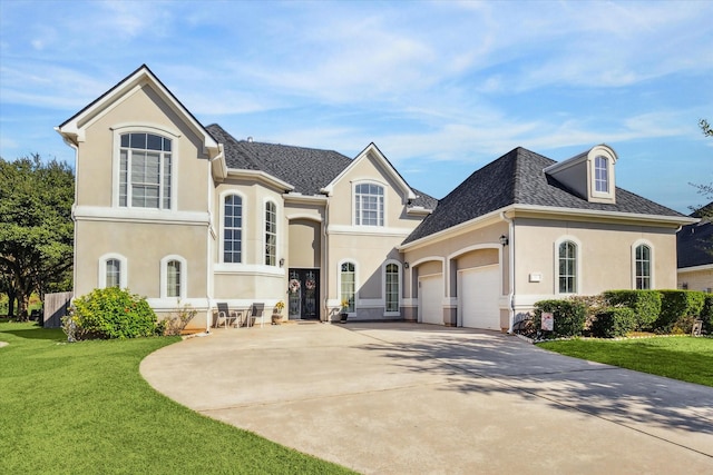 view of front of home with a front yard and a garage