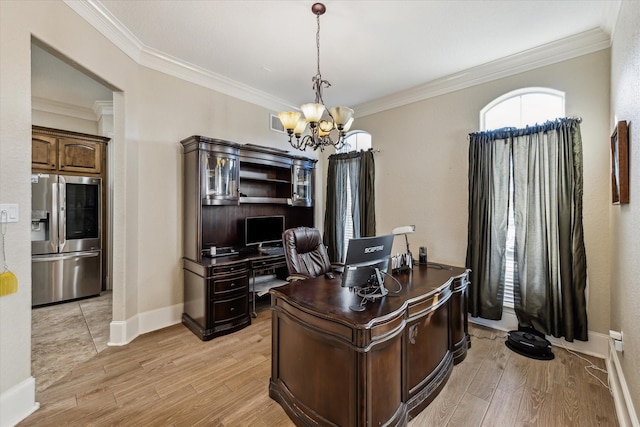 office space featuring crown molding, light hardwood / wood-style flooring, and a chandelier