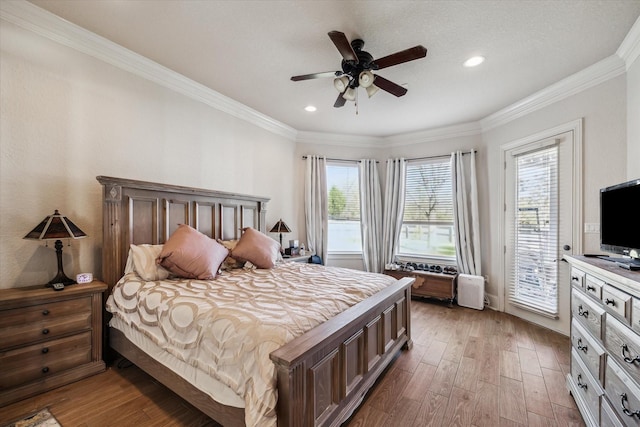 bedroom with multiple windows, wood-type flooring, ornamental molding, and access to outside