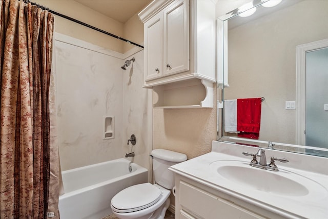 full bathroom with toilet, vanity, and shower / bathtub combination with curtain