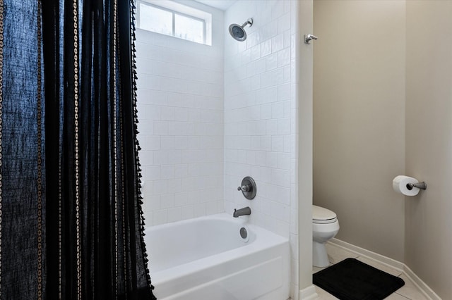 bathroom with tile patterned floors, shower / bathtub combination with curtain, and toilet