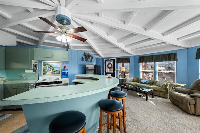 kitchen featuring a kitchen breakfast bar, green cabinets, white range, lofted ceiling with beams, and ceiling fan