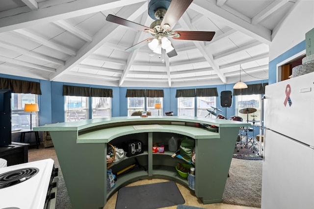 kitchen featuring white appliances, light colored carpet, ceiling fan, beam ceiling, and green cabinetry