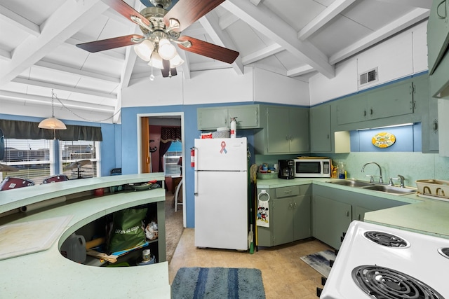 kitchen with white appliances, ceiling fan, sink, vaulted ceiling with beams, and green cabinets