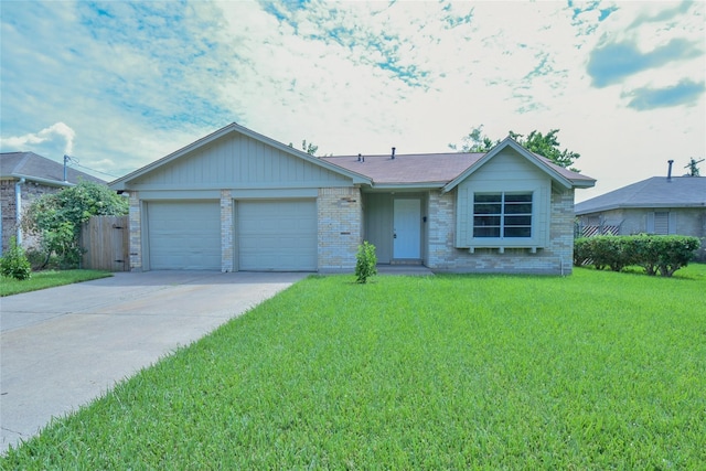 single story home with a front yard and a garage