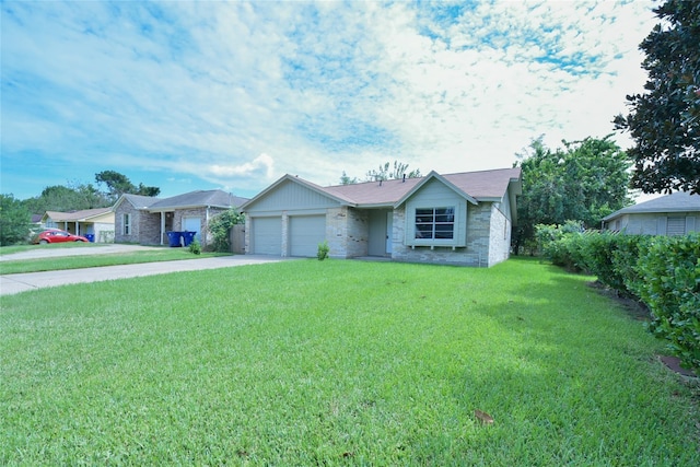 single story home with a front lawn and a garage