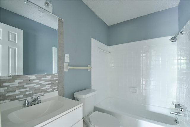 full bathroom with backsplash, vanity, shower / bath combination, and toilet