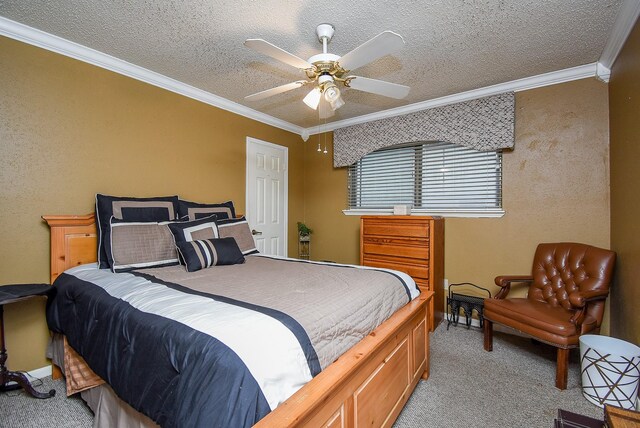 bedroom featuring ornamental molding, light colored carpet, a textured wall, and a textured ceiling