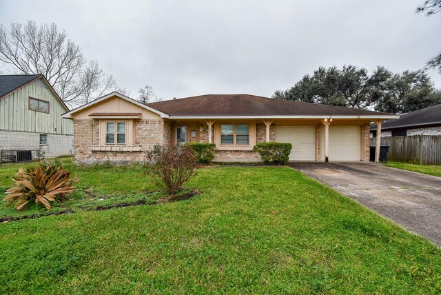 ranch-style house featuring an attached garage, brick siding, fence, concrete driveway, and a front lawn