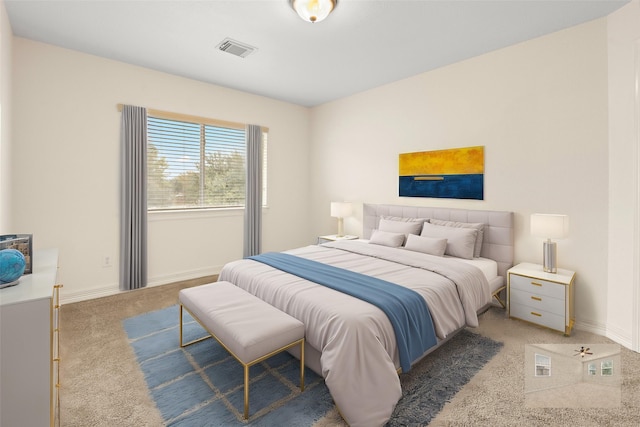 bedroom featuring dark colored carpet