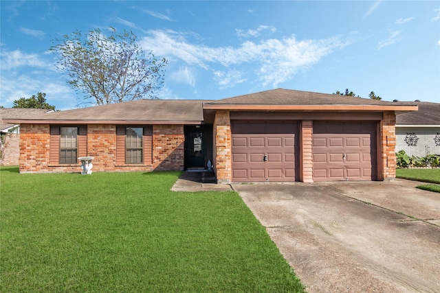 ranch-style house with a front yard and a garage