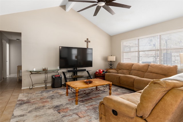 living room featuring tile patterned floors, vaulted ceiling with beams, and ceiling fan