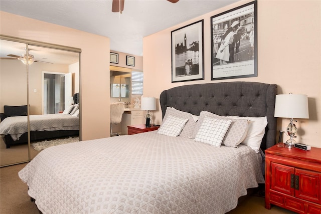 bedroom with carpet flooring, ceiling fan, and a closet