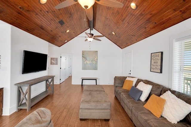 living room featuring lofted ceiling with beams, light hardwood / wood-style floors, ceiling fan, and wooden ceiling