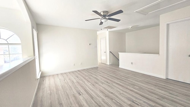 unfurnished room featuring ceiling fan and light hardwood / wood-style flooring