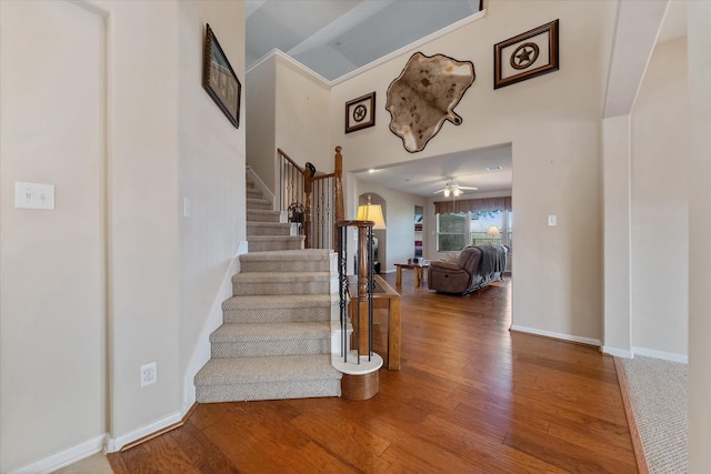 stairway featuring ceiling fan and wood-type flooring