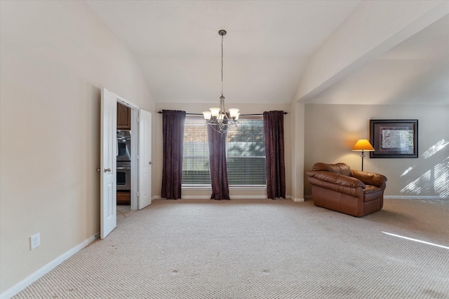 carpeted dining room featuring an inviting chandelier and vaulted ceiling