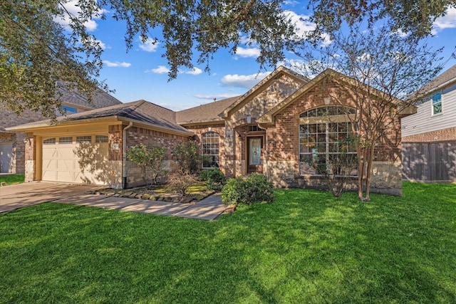 single story home featuring a front yard and a garage