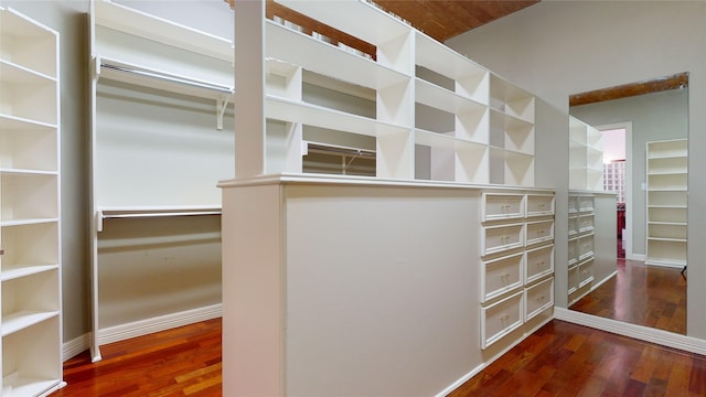 spacious closet featuring dark hardwood / wood-style flooring