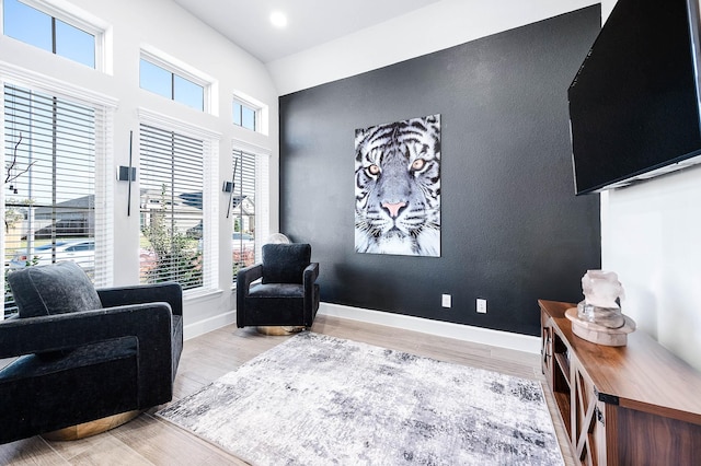 living area featuring vaulted ceiling and light hardwood / wood-style flooring