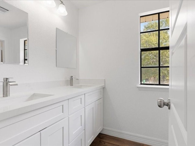 full bathroom featuring a sink, visible vents, baseboards, and double vanity