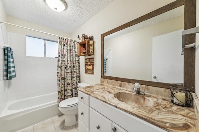 full bathroom with tile patterned flooring, a textured ceiling, toilet, shower / bath combo with shower curtain, and vanity