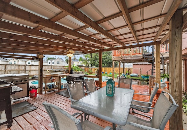 deck featuring a fenced in pool and grilling area