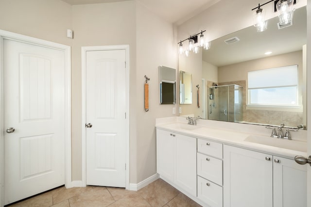 bathroom featuring tile patterned flooring, vanity, and walk in shower