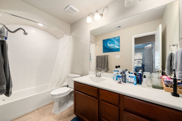 full bathroom with tile patterned flooring, vanity, toilet, and shower / bathtub combination with curtain