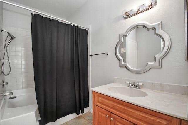 bathroom featuring tile patterned flooring, vanity, and shower / tub combo with curtain