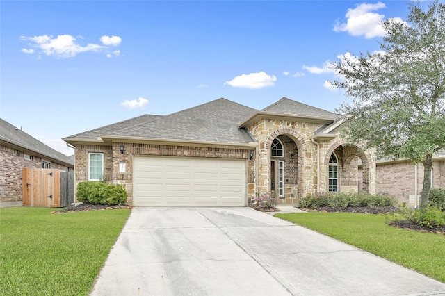 view of front of home featuring a front yard and a garage