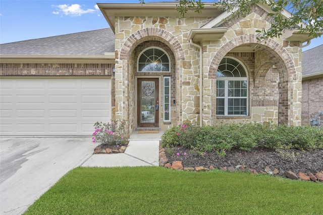 doorway to property featuring a garage and a lawn