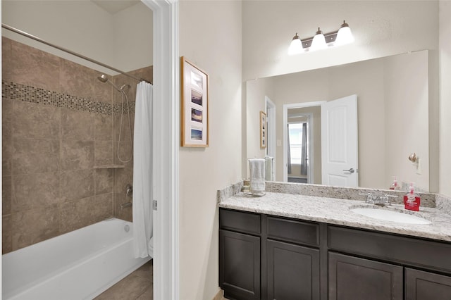 bathroom featuring vanity, tile patterned floors, and shower / bathtub combination with curtain