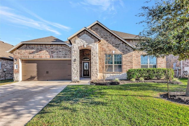 view of front of property featuring a garage and a front lawn