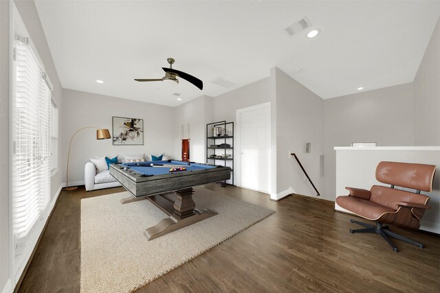 playroom featuring ceiling fan, dark wood-type flooring, and billiards