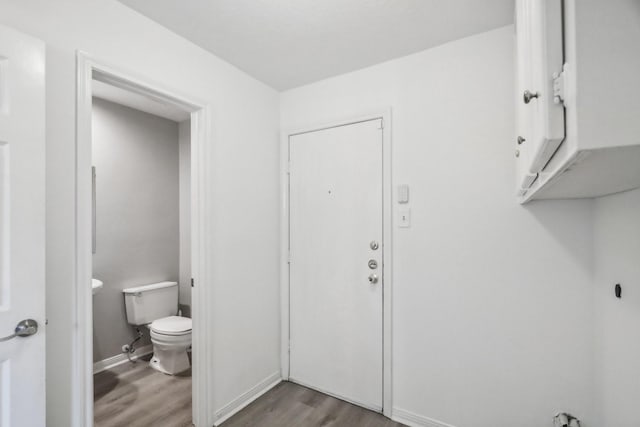 clothes washing area featuring hardwood / wood-style floors