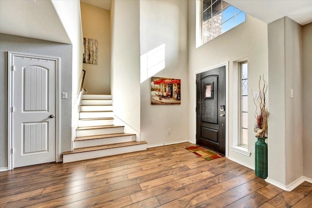 foyer entrance featuring hardwood / wood-style floors and a towering ceiling