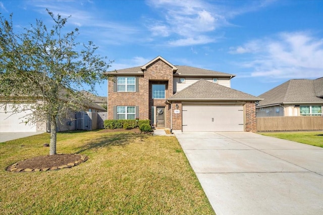 front facade featuring a garage and a front yard