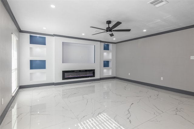 unfurnished living room with ceiling fan and crown molding