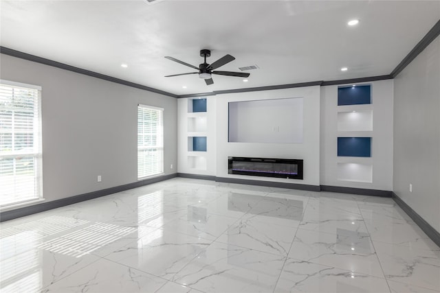 unfurnished living room featuring built in shelves, crown molding, and ceiling fan