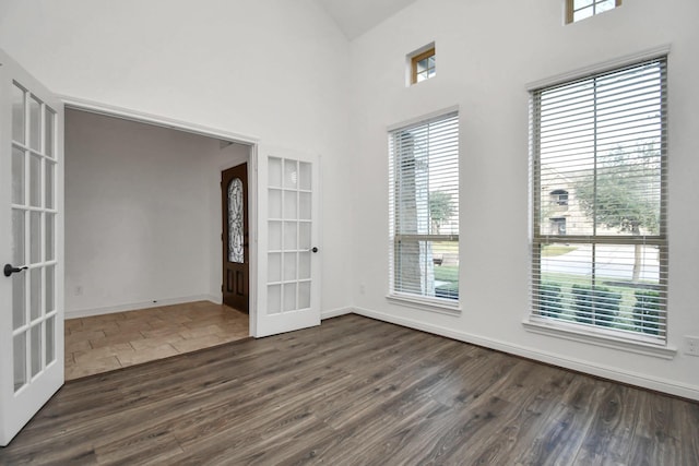 spare room featuring a wealth of natural light, french doors, and dark wood-type flooring