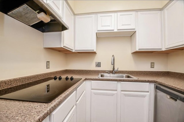 kitchen featuring dishwasher, exhaust hood, black electric stovetop, sink, and white cabinetry