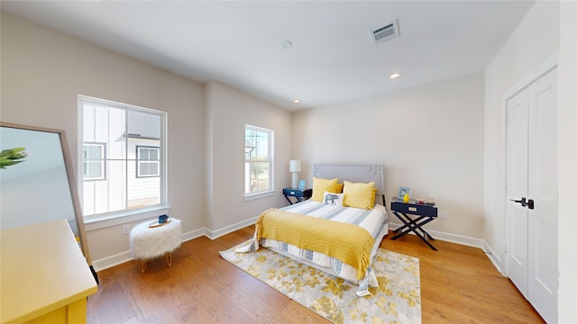 bedroom featuring wood-type flooring and a closet