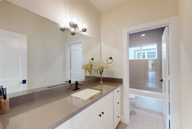 full bathroom with tiled shower / bath combo, an inviting chandelier, tile patterned flooring, toilet, and vanity